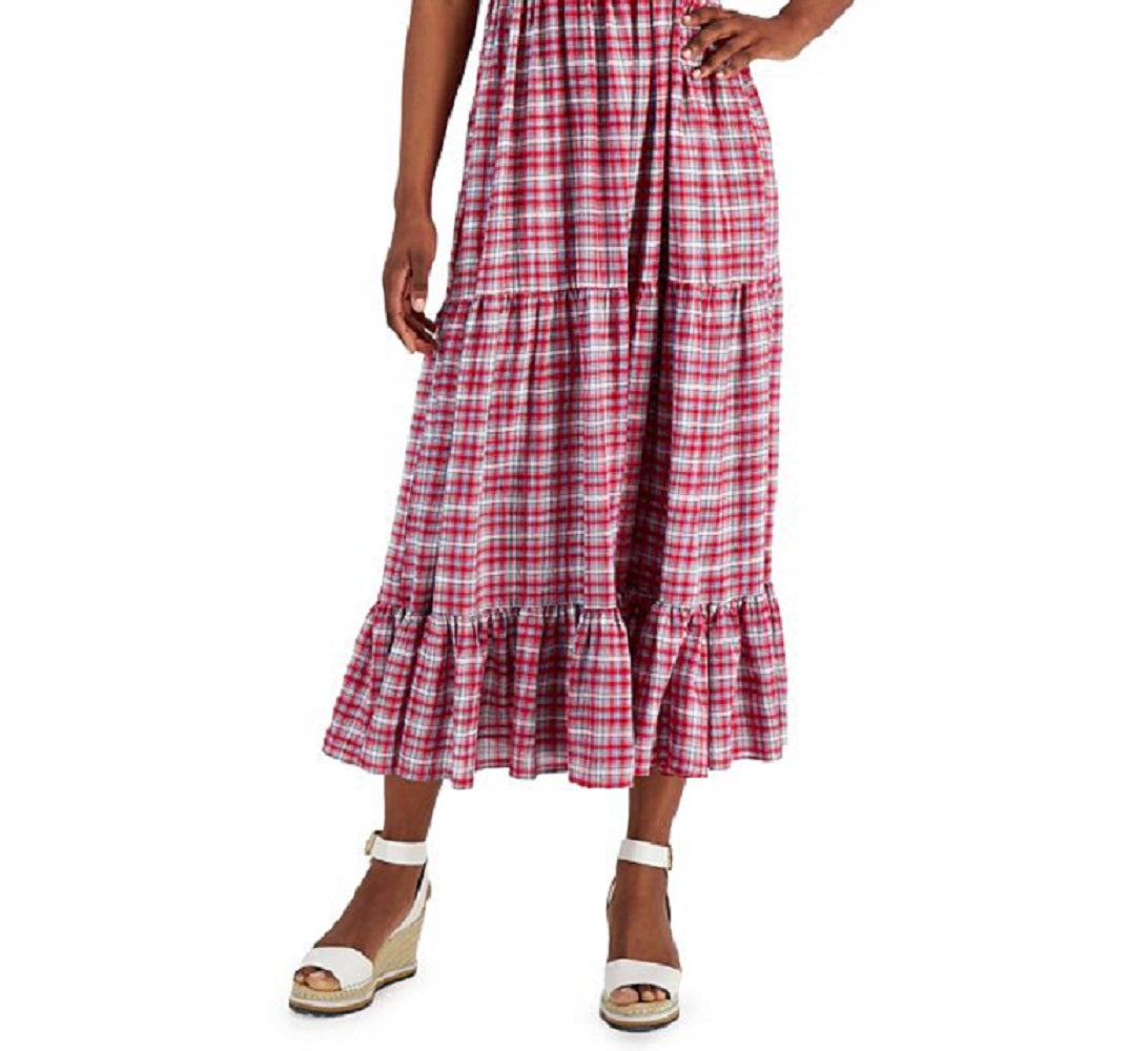 Vestido feminino Tommy Hilfiger xadrez sem mangas, tamanho pequeno, vermelho