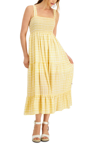 Vestido feminino Tommy Hilfiger xadrez sem mangas, amarelo, tamanho médio