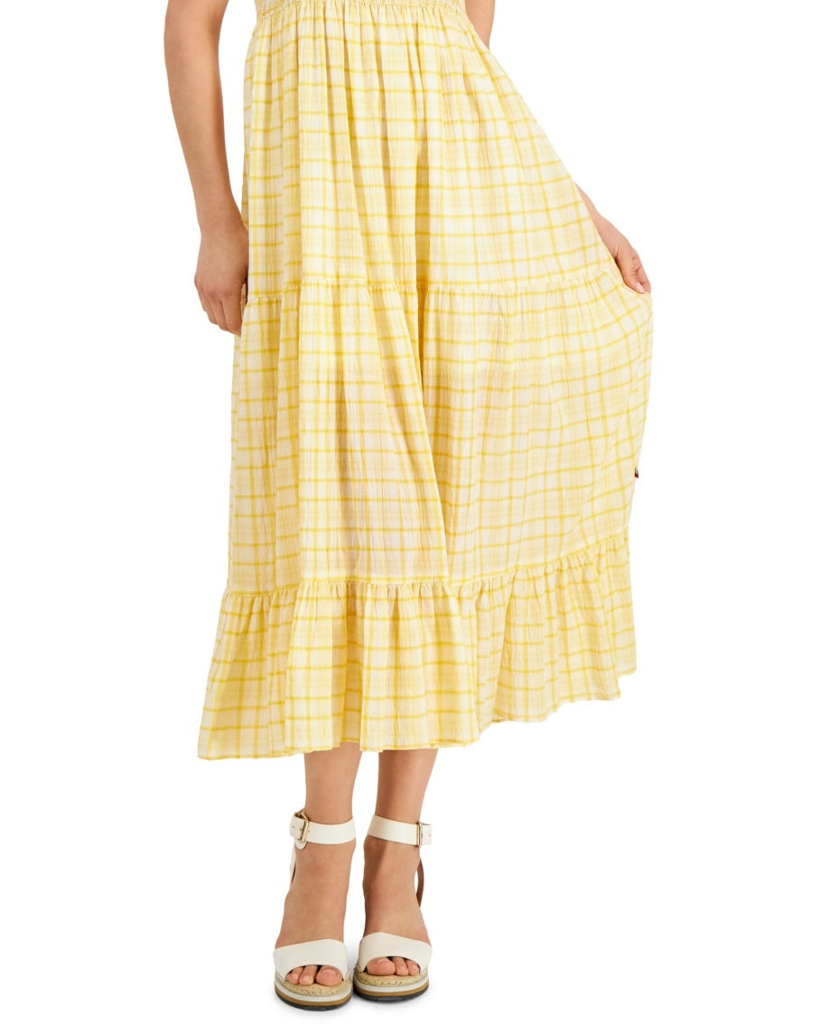 Vestido feminino Tommy Hilfiger xadrez sem mangas, amarelo, tamanho médio
