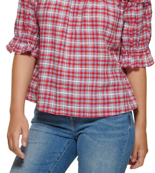 Tommy Hilfiger Top xadrez feminino ombro a ombro vermelho tamanho XX-G