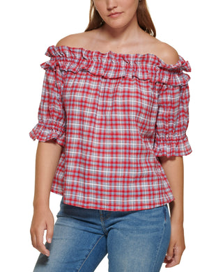 Tommy Hilfiger Top xadrez feminino ombro a ombro vermelho tamanho XX-G