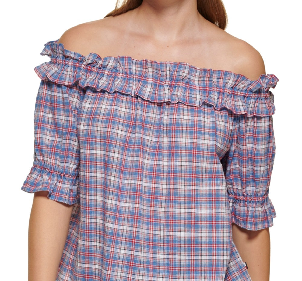 Tommy Hilfiger Blusa xadrez ombro a ombro feminina azul tamanho extragrande