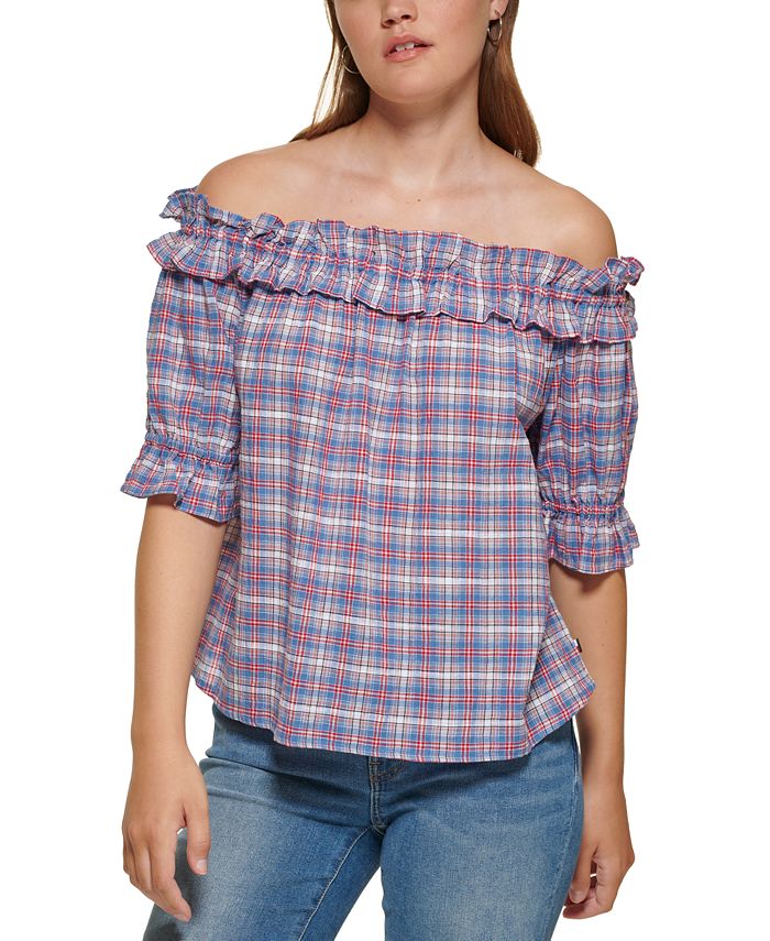 Tommy Hilfiger Blusa xadrez ombro a ombro feminina azul tamanho grande