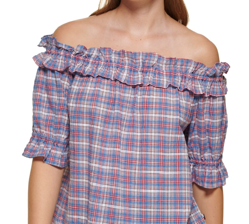 Tommy Hilfiger Blusa xadrez ombro a ombro feminina azul tamanho grande