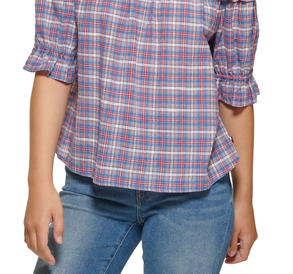 Tommy Hilfiger Blusa xadrez ombro a ombro feminina azul tamanho grande