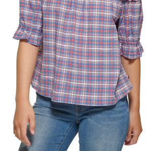 Tommy Hilfiger Blusa xadrez ombro a ombro feminina azul tamanho grande