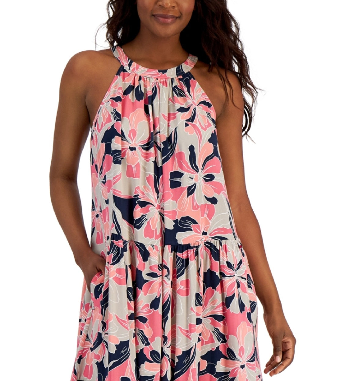 Vestido longo feminino Tommy Hilfiger com estampa floral e alças finas, rosa, tamanho extrapequeno