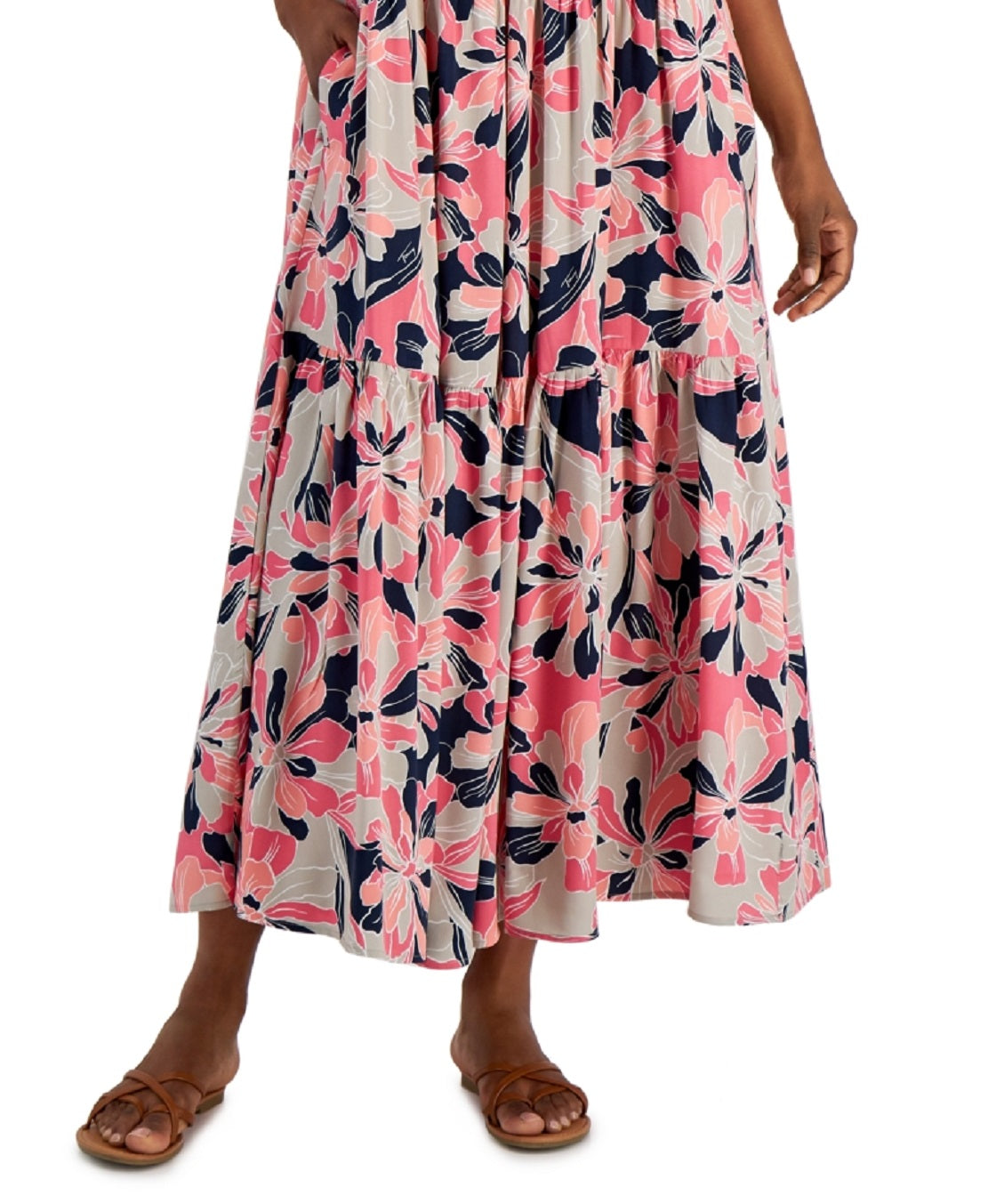Vestido longo feminino Tommy Hilfiger com estampa floral e alças finas, rosa, tamanho extrapequeno