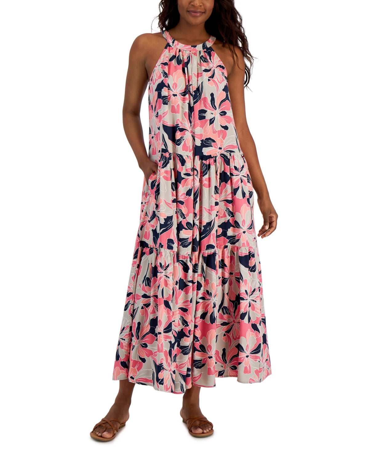 Vestido longo feminino Tommy Hilfiger com estampa floral e alças finas, rosa, tamanho extrapequeno