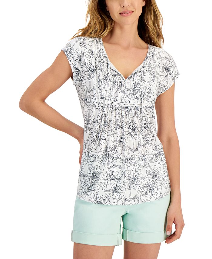 Tommy Hilfiger Blusa Feminina Estampa Floral Ladder Trim Pintucked Branca Tamanho X-G