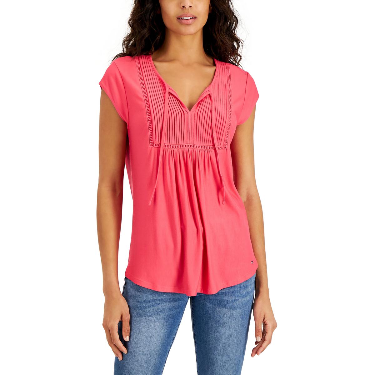 Tommy Hilfiger Feminino Sólido Pintucked Ladder Trip Top Rosa Tamanho Médio