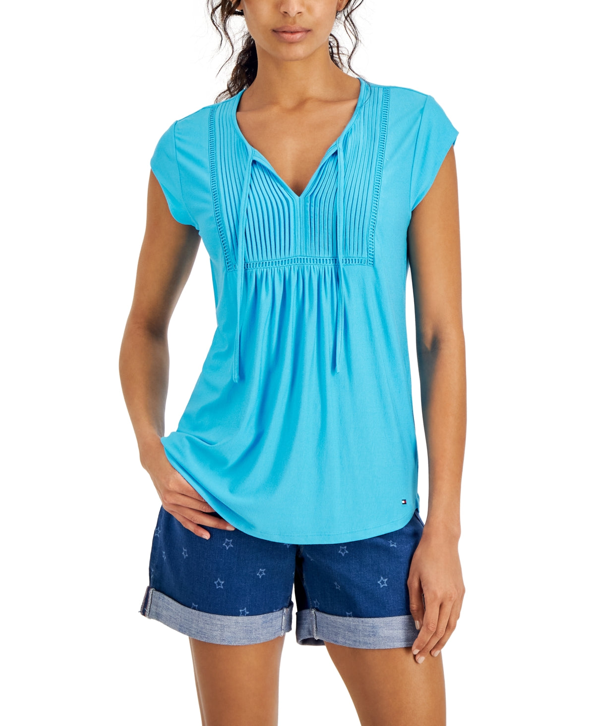 Tommy Hilfiger Pintucked Ladder Trip Top Feminino Azul Tamanho XX-G