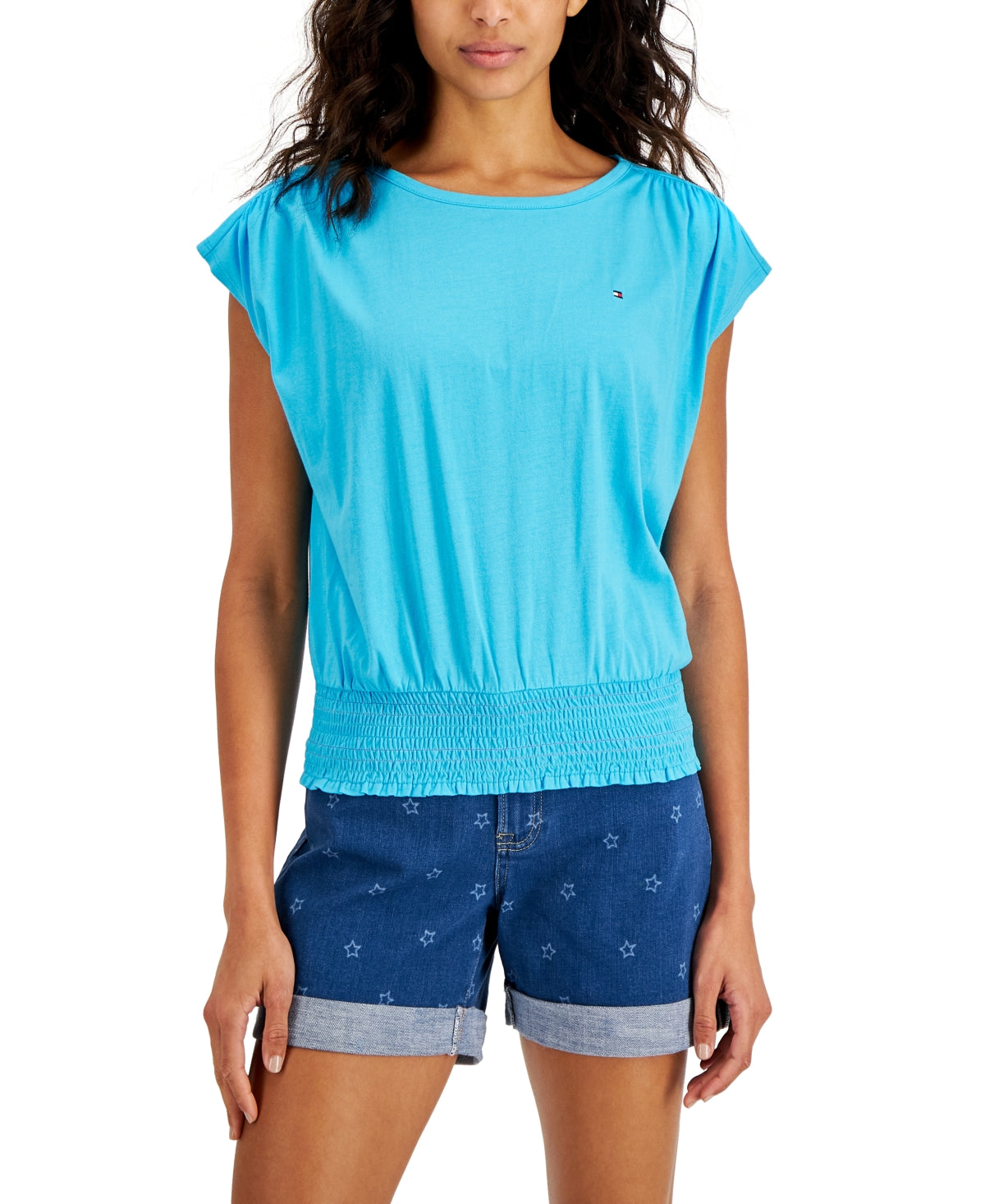 Tommy Hilfiger Blusa Feminina Lisa com Cintura Smocked Azul Tamanho Médio