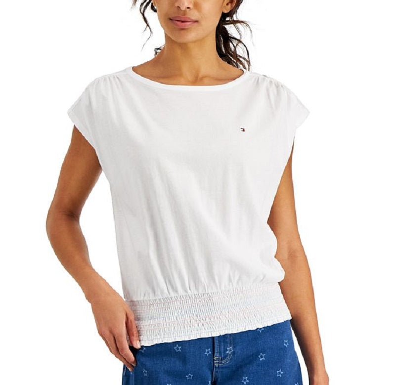 Tommy Hilfiger Blusa Feminina Lisa com Cintura Smocked, Branca, Tamanho Grande