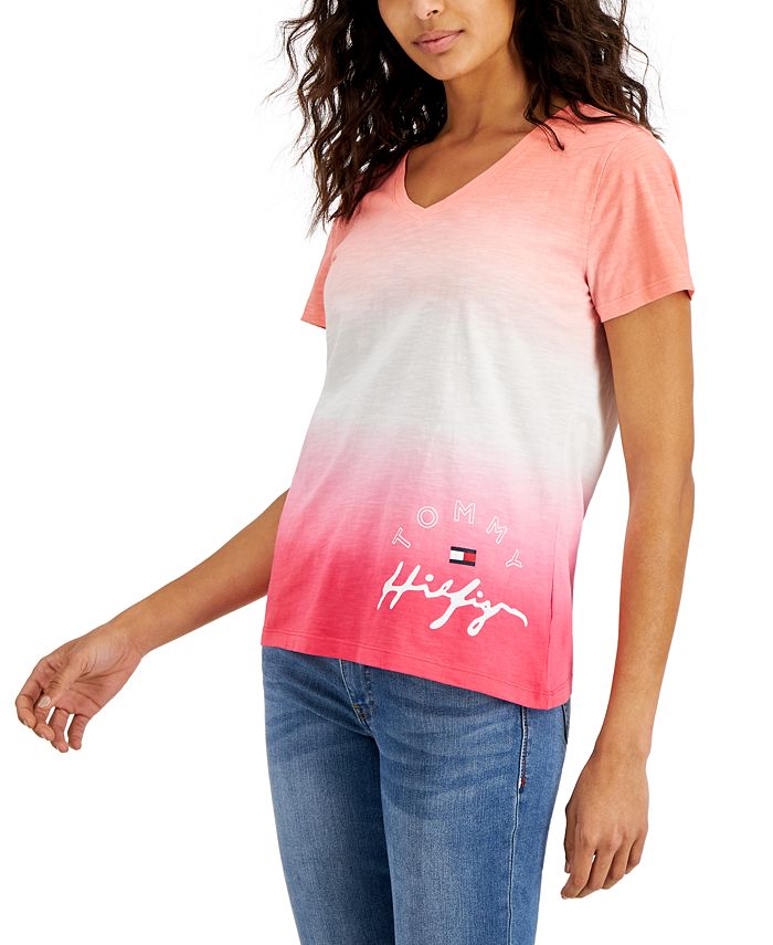 Camiseta Tommy Hilfiger feminina de algodão tingido por imersão, rosa, tamanho médio