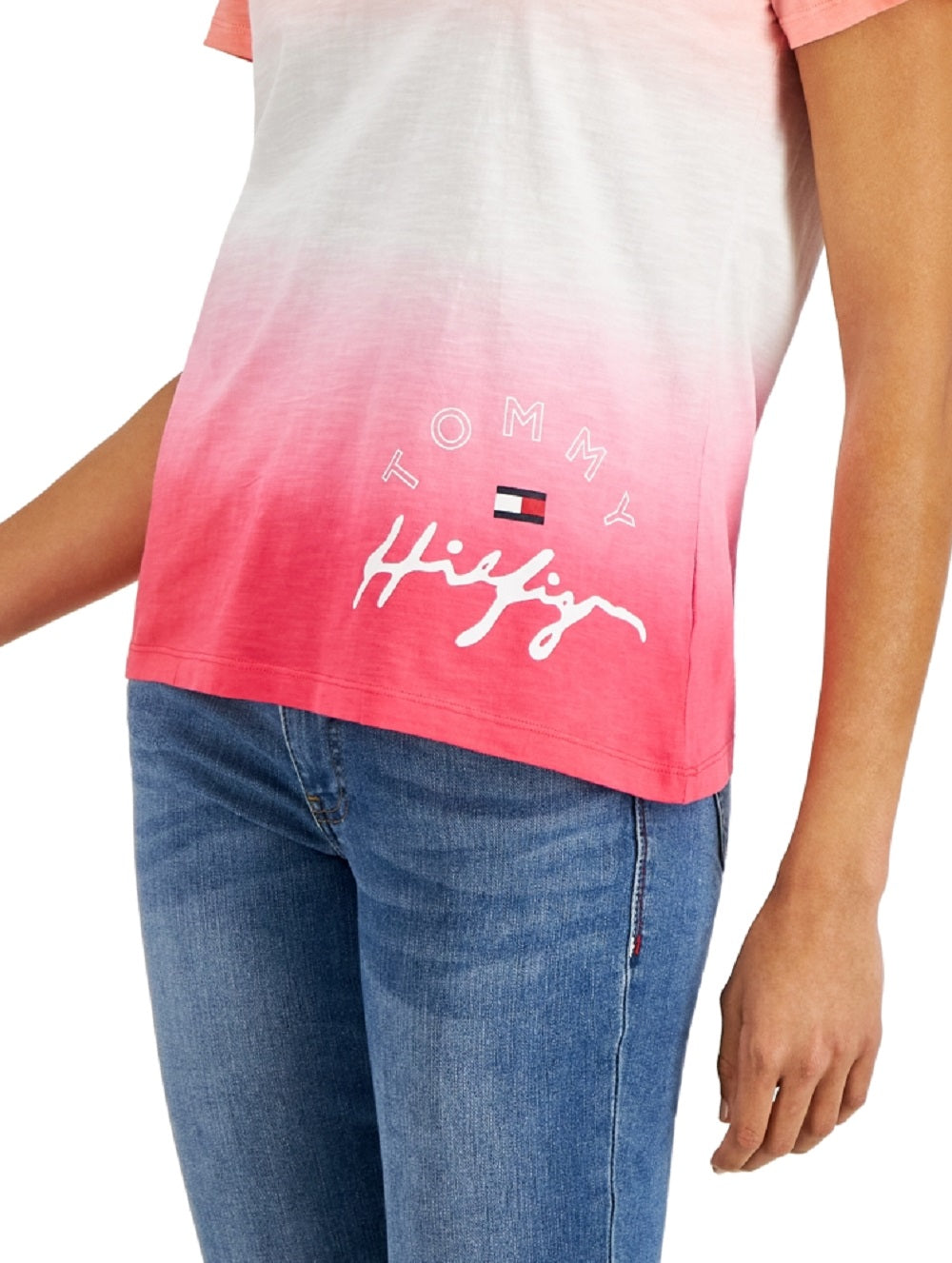 Camiseta Tommy Hilfiger feminina de algodão tingido por imersão, rosa, tamanho médio