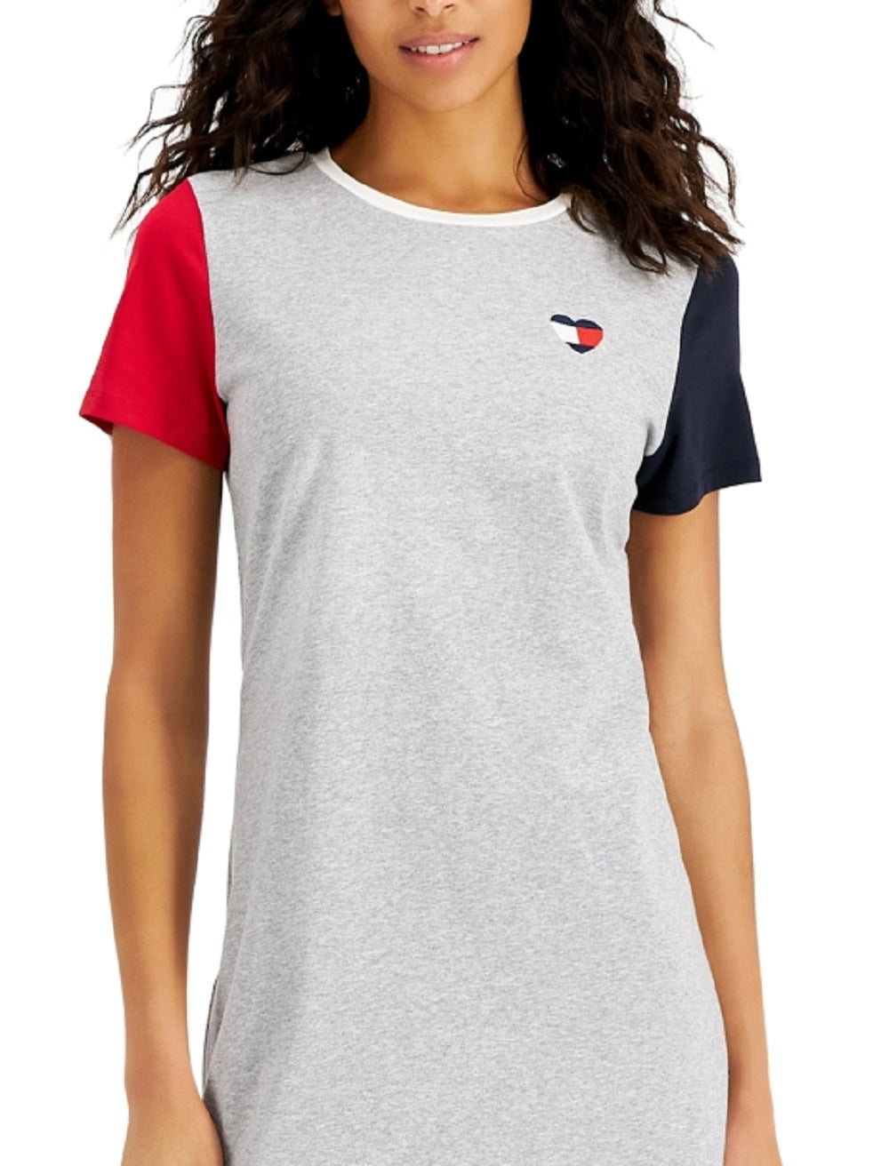 Vestido camiseta feminino Tommy Hilfiger com estampa de coração e blocos de cores, cinza, tamanho XX-G