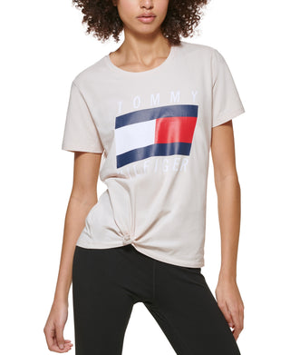 Camiseta Tommy Hilfiger Feminina com Logo e Amarração Frontal Cinza Tamanho XG