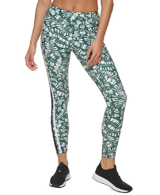 Calça legging de compressão feminina Tommy Hilfiger com estampa de palmeira e cintura alta, verde, tamanho pequeno