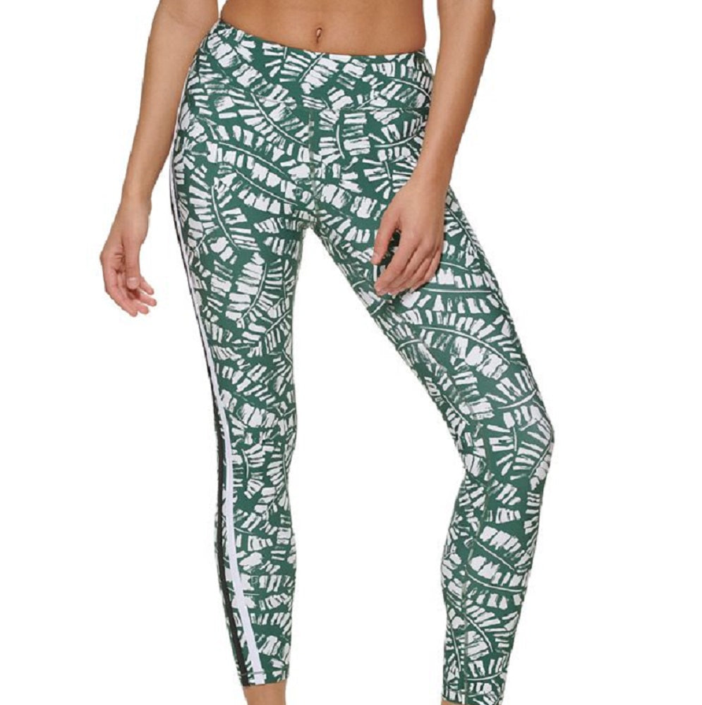 Calça legging de compressão feminina Tommy Hilfiger com estampa de palmeira e cintura alta, verde, tamanho pequeno
