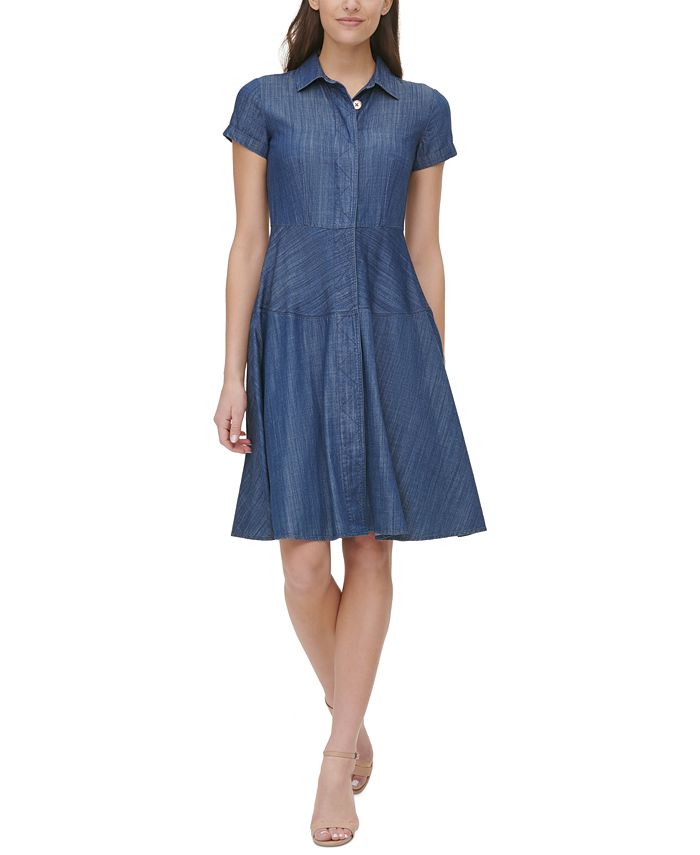 Vestido-camisa feminino Tommy Hilfiger Chambray azul tamanho 2 Petite