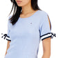 Tommy Hilfiger Blusa de algodão com manga amarrada feminina, azul, tamanho pequeno