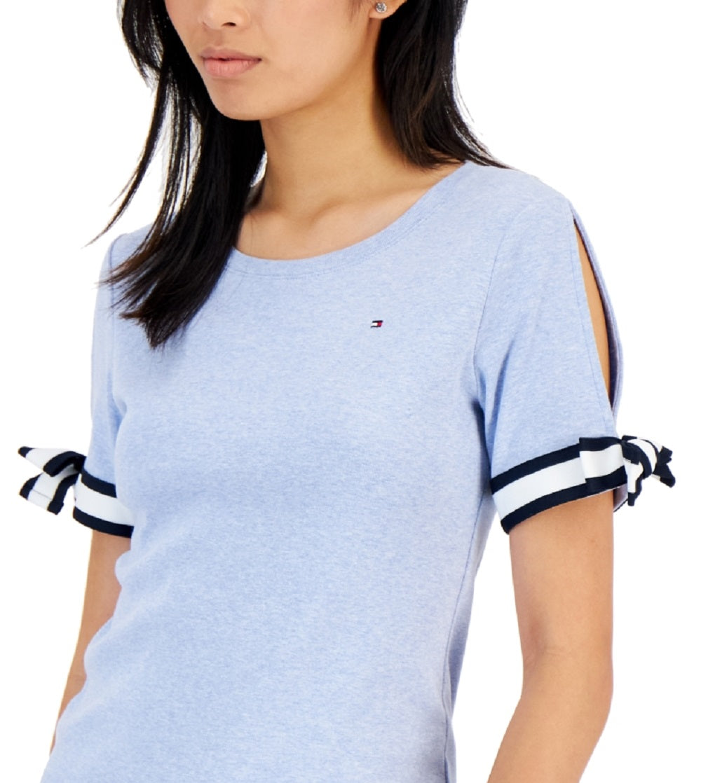 Tommy Hilfiger Blusa de algodão com manga amarrada feminina, azul, tamanho pequeno