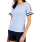 Tommy Hilfiger Blusa de algodão com manga amarrada feminina, azul, tamanho pequeno