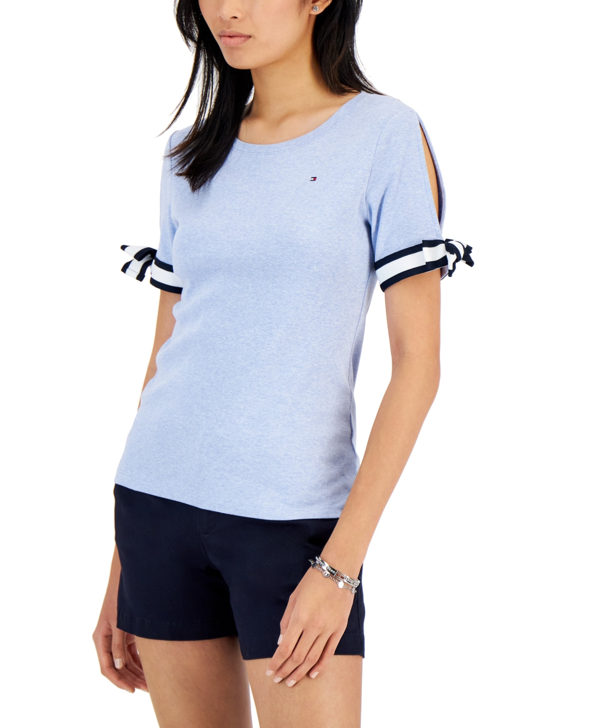 Tommy Hilfiger Blusa de algodão com manga amarrada feminina, azul, tamanho pequeno