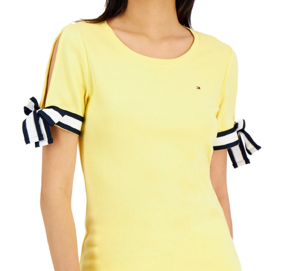 Tommy Hilfiger Blusa de algodão com manga amarrada feminina, amarela