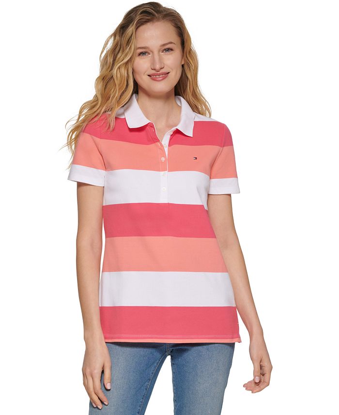 Tommy Hilfiger Polo Rugby Listrado Feminino Manga Curta Rosa Tamanho XG