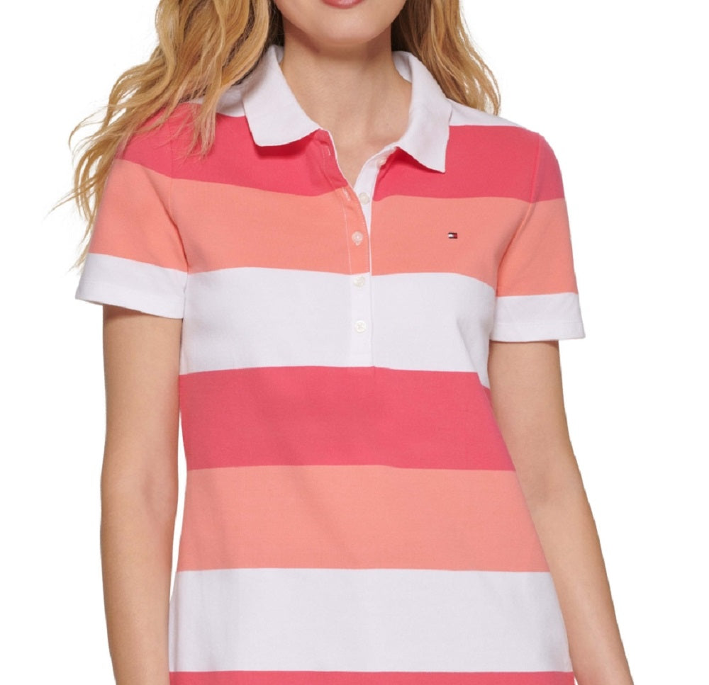 Tommy Hilfiger Polo Rugby Listrado Feminino Manga Curta Rosa Tamanho XG
