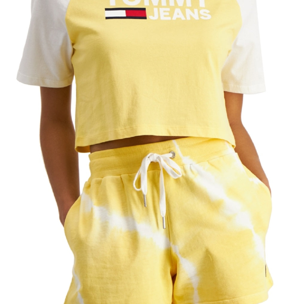 Tommy Jeans Shorts Femininos de Algodão Tie Dye em Malha Amarelo Tamanho Médio