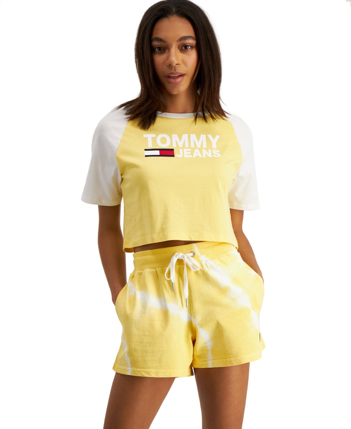 Tommy Jeans Shorts Femininos de Algodão Tie Dye em Malha Amarelo Tamanho Médio