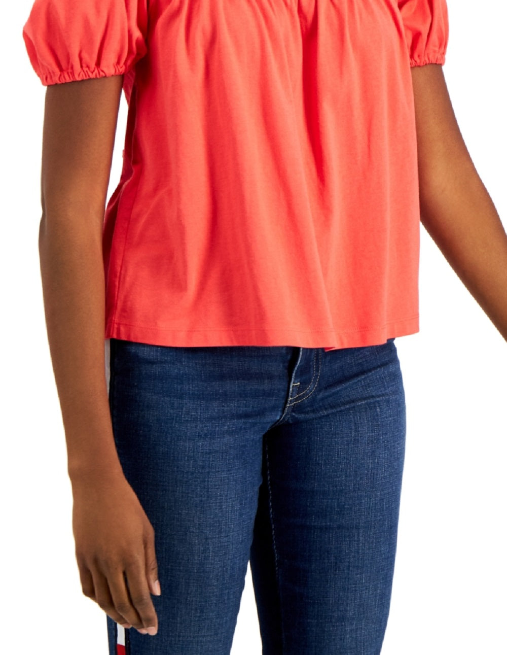 Tommy Hilfiger Blusa Feminina Manga Bufante Smocked Vermelha Tamanho Grande