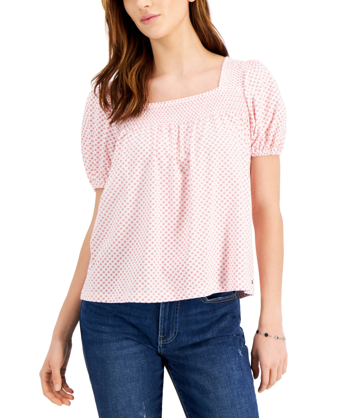 Tommy Hilfiger Daisy Dot Blusa de manga bufante feminina rosa tamanho grande