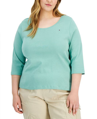 Camiseta feminina Tommy Hilfiger de algodão com manga 3/4, verde, tamanho 1X