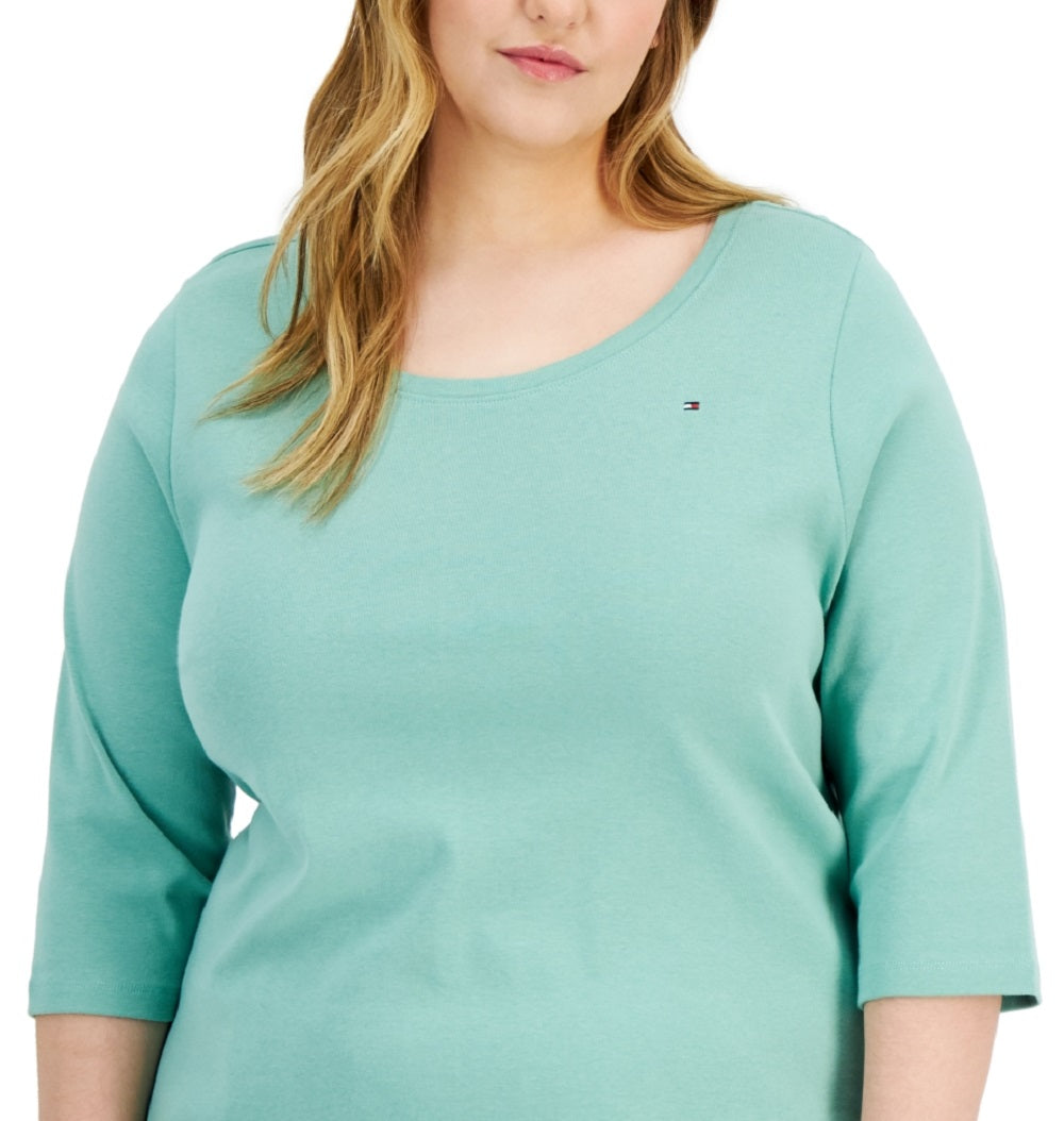 Camiseta feminina Tommy Hilfiger de algodão com manga 3/4, verde, tamanho 1X