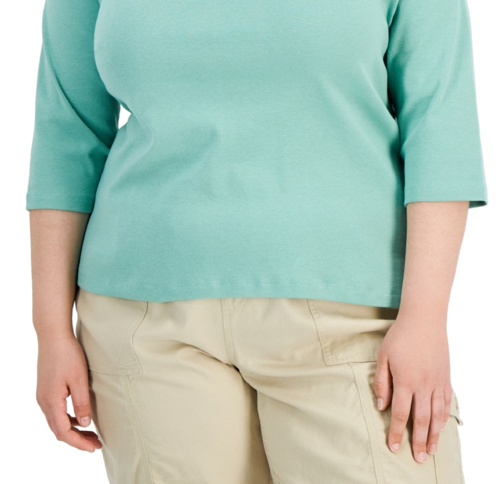 Camiseta feminina Tommy Hilfiger de algodão com manga 3/4, verde, tamanho 1X