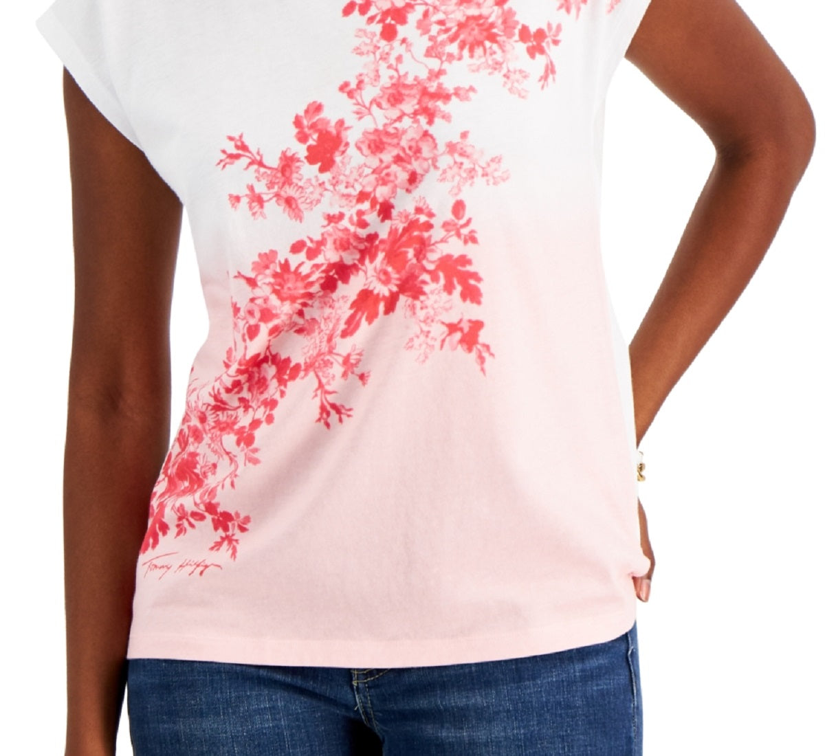 Camiseta feminina Tommy Hilfiger Ombre Floral manga curta rosa tamanho médio