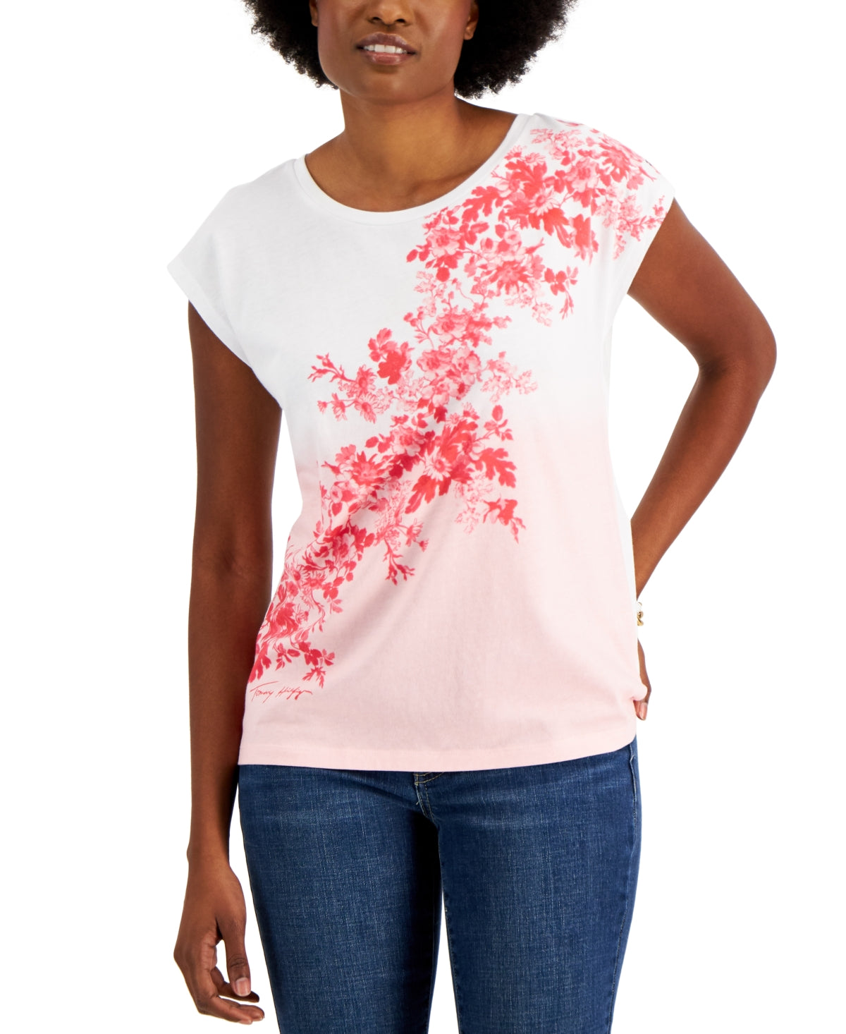 Camiseta feminina Tommy Hilfiger Ombre Floral manga curta rosa tamanho médio