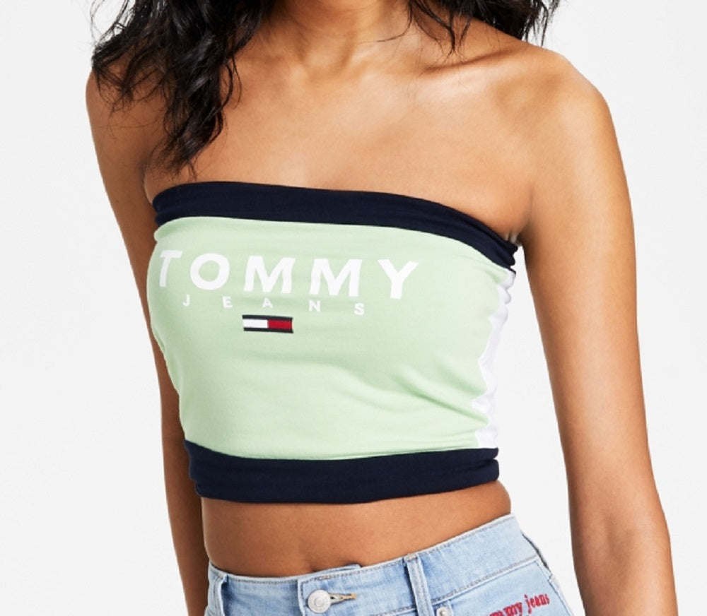 Tommy Jeans Top Bandeau Feminino Color Block Verde Tamanho Grande