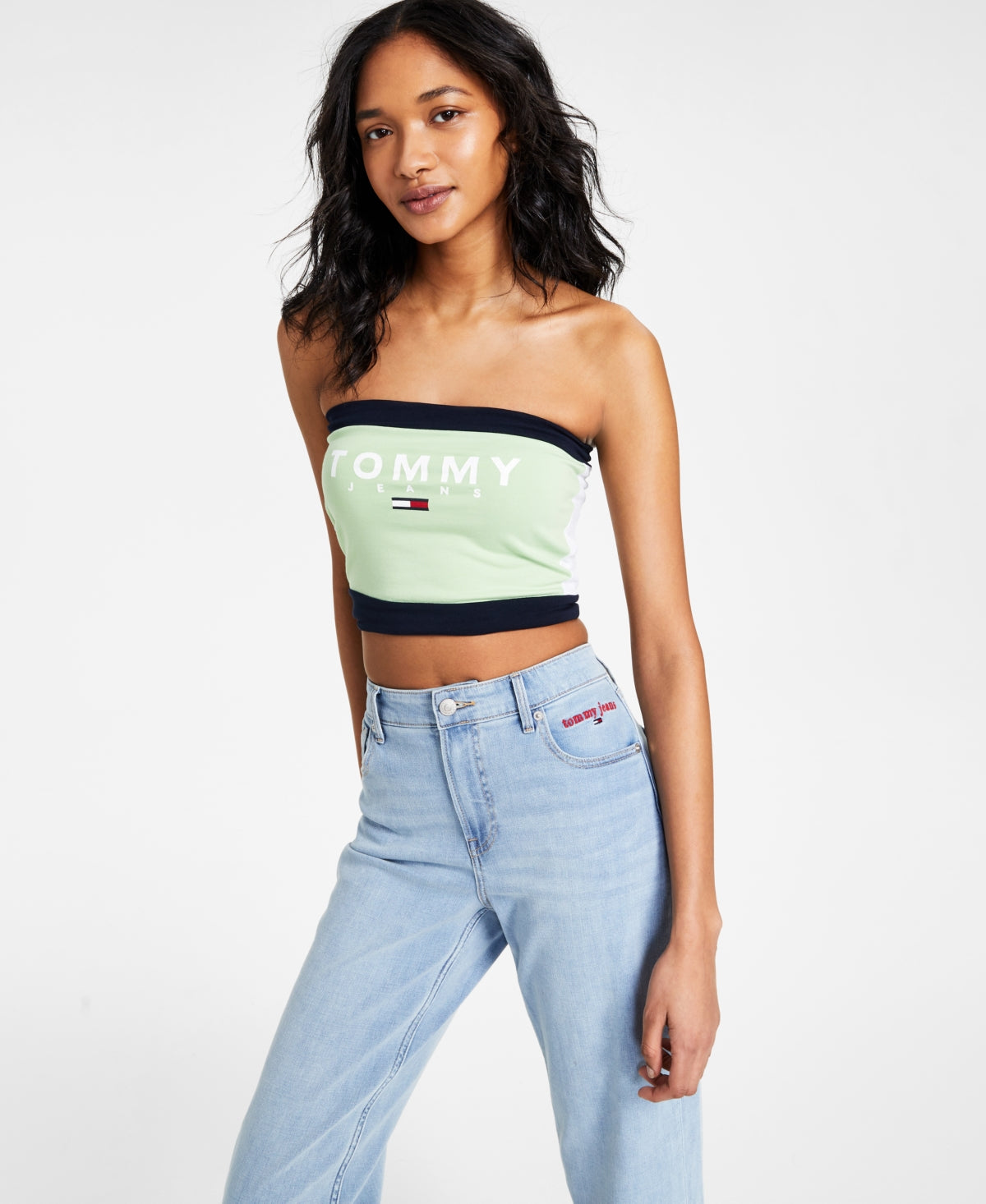Tommy Jeans Top Bandeau Feminino Color Block Verde Tamanho Grande