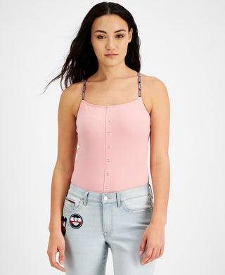 Tommy Jeans Women's Ribbed Spaghetti Strap Bodysuit Pink Size X-Small