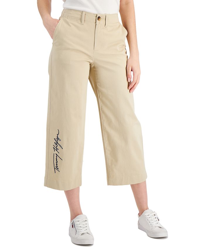 Calça feminina Tommy Hilfiger com bolso e logo, perna larga, marrom, tamanho 8