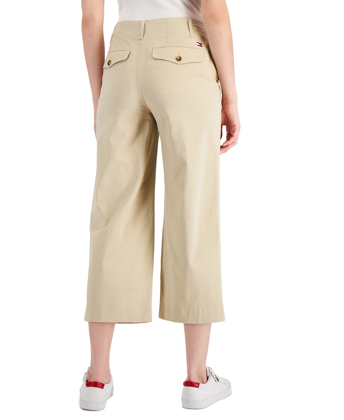 Calça feminina Tommy Hilfiger com bolso e logo, perna larga, marrom, tamanho 8
