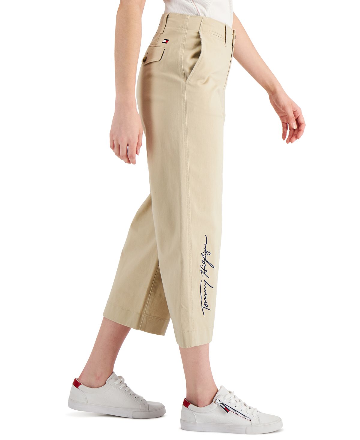 Calça feminina Tommy Hilfiger com bolso e logo, perna larga, marrom, tamanho 8