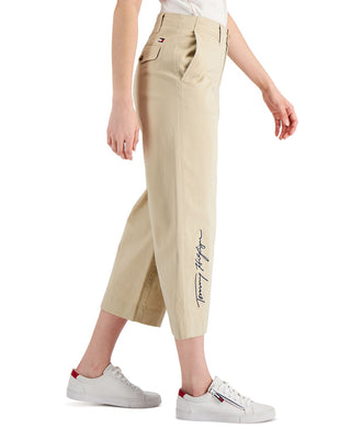 Calça feminina Tommy Hilfiger com bolso e logo, perna larga, marrom, tamanho 8