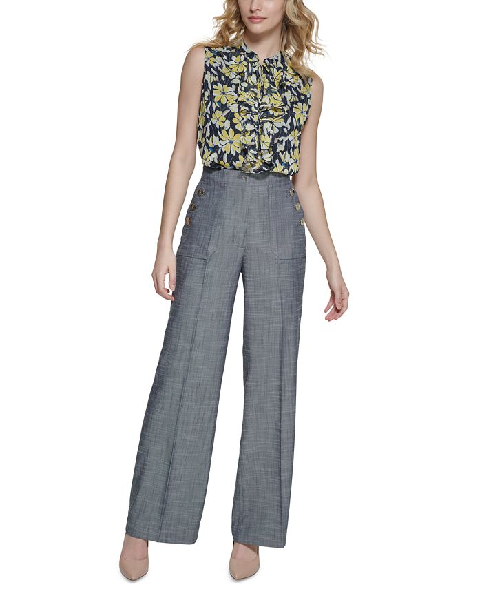 Calça feminina Tommy Hilfiger com botões e perna larga, azul, tamanho 14