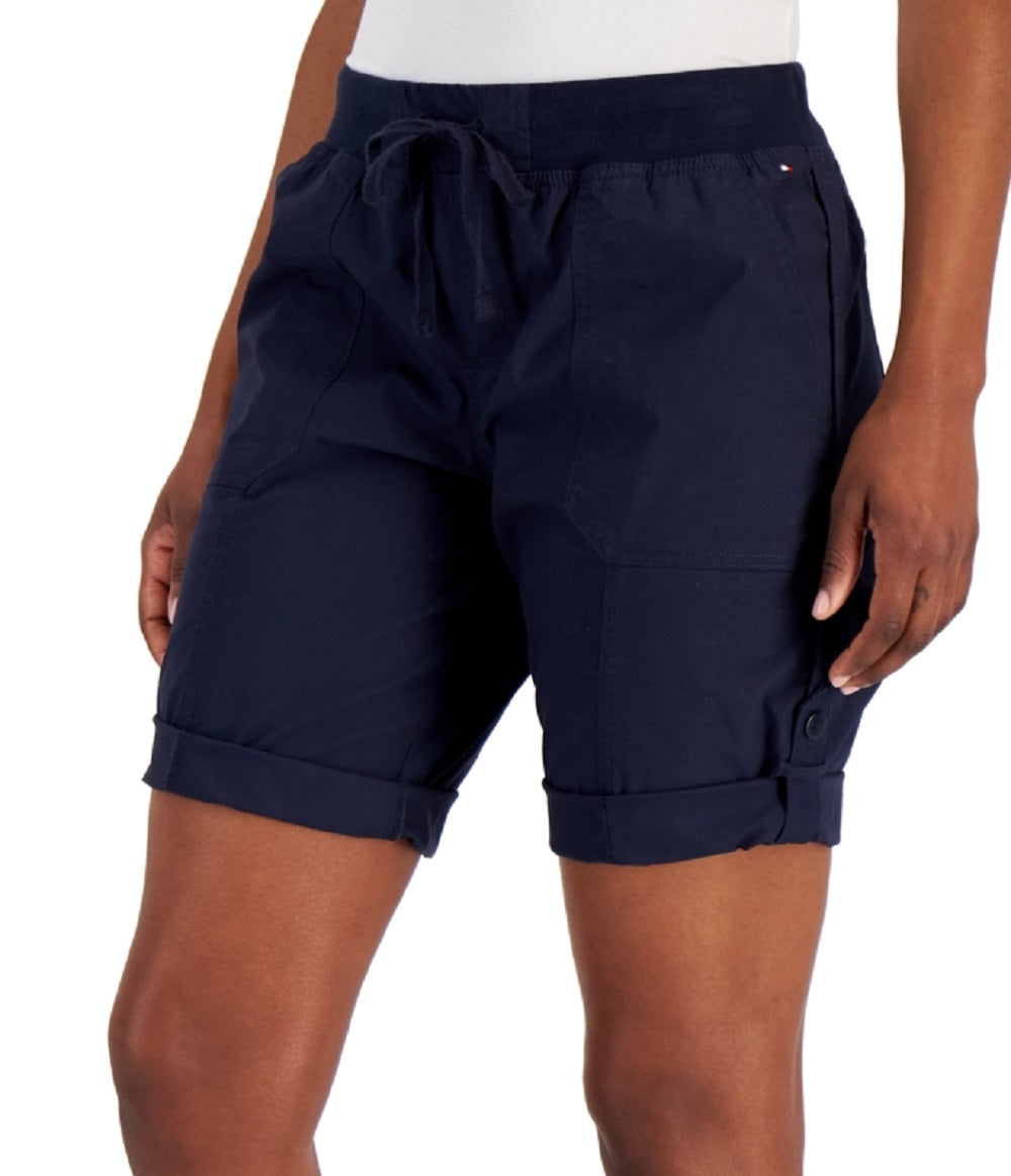 Tommy Hilfiger Shorts utilitário feminino liso com punho enrolado, azul, tamanho grande